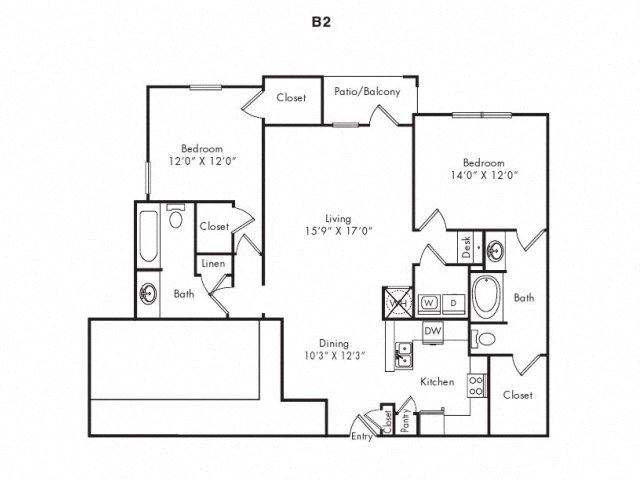 Floor plan for 2 beds, 2 baths, 1332 sqft